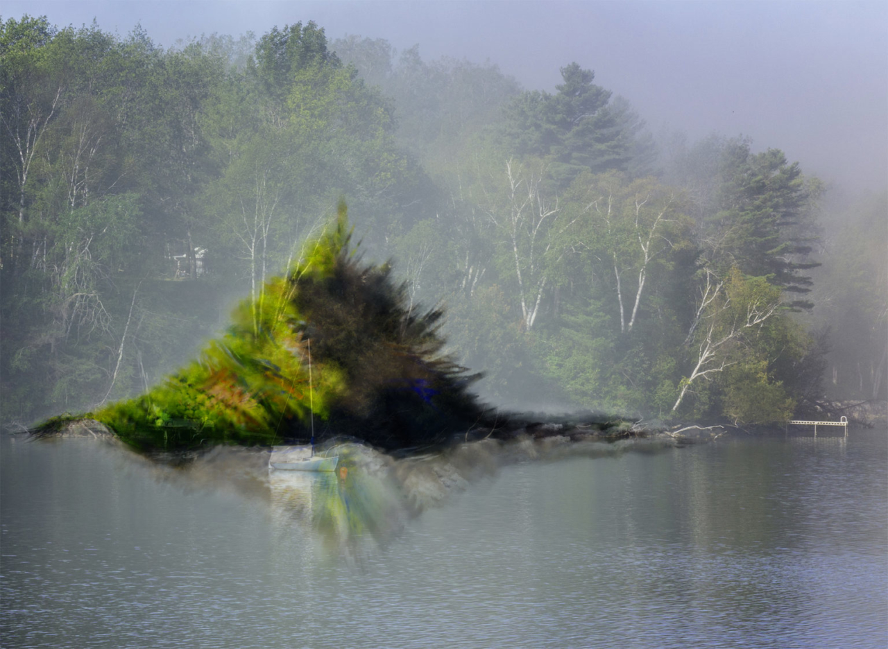 Image composite, bord de lac et verdure superposée.
