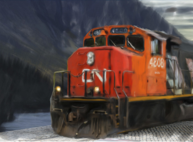 CN locomotive in mountain setting