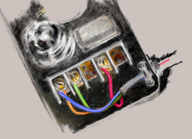 Old electrical timer box with new colourful wiring
